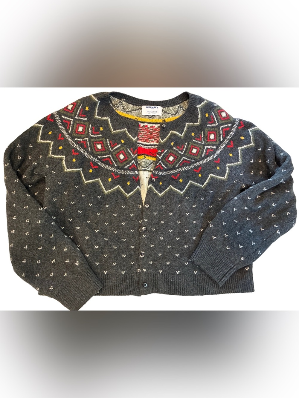 Old Navy Dark Gray Fair Isle Button-Up Cardigan Red & Yellow Accents cottagecore